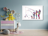 Family Fishing Watercolor Print Mom Dad Son Daughter Kids Poster Housewarming Gift Wall Art Father Mother and Son Gift Nursery Decor-2262