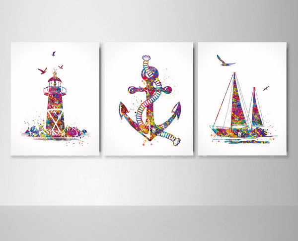 Nautical Decor Set Watercolor Print Set of 3 Summer Decor Lighthouse Sailboat Anchor Coastal Decor Wall Art Bathroom Decor Wall Hanging-1660