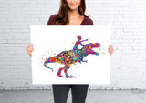 Dinosaur Rider Boy Watercolor Print Curly Hair Boy and T-Rex Gift Birthday Party Boys Room Decor Wall Art Nursery Decor Wall Hanging-2277