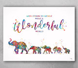 Elephants Family Watercolor Print Mom and four Baby What a Wonderful World Quote Wedding Gift Wall Art Anniversary Wall Art Baby Shower-2286
