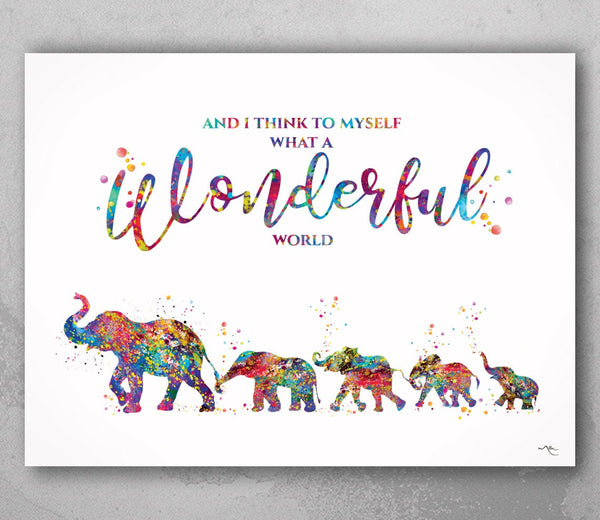 Elephants Family Watercolor Print Mom and four Baby What a Wonderful World Quote Wedding Gift Wall Art Anniversary Wall Art Baby Shower-2286