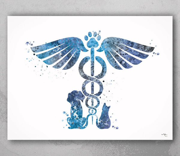 Veterinary Caduceus Watercolor Print Blue Clinic Wall Art Cat Dog Animal Gift Veterinarian Office Clinic Decor Animal Hospital Decor-1418