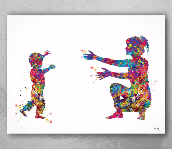 Toddler Boy with Mother Watercolor Print Son with Parent Love Mother and Children Mother and Kids New Mum Baby Shower Nursery Decor-1501
