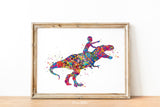 Dinosaur Rider Boy Watercolor Print Curly Hair Boy and T-Rex Gift Birthday Party Boys Room Decor Wall Art Nursery Decor Wall Hanging-2277