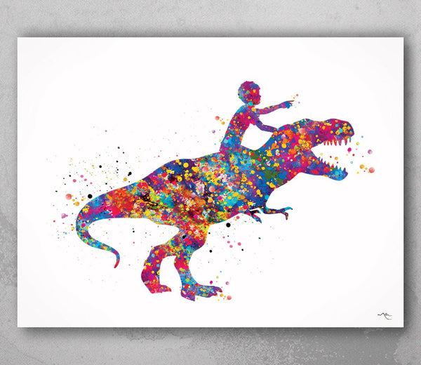 Dinosaur Rider Boy Watercolor Print Curly Hair Boy and T-Rex Gift Birthday Party Boys Room Decor Wall Art Nursery Decor Wall Hanging-2277
