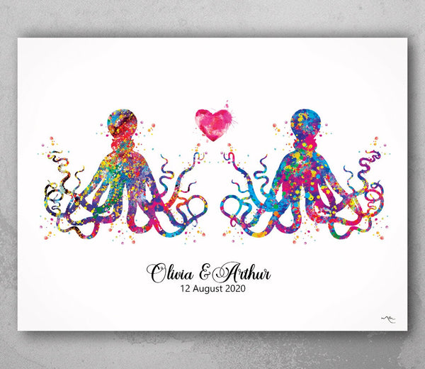 Personalised Octopus Couple Watercolor Print Valentine's Day Gift Coastal Wall Art Wall Decor Housewarming Gift Home Decor Wall Hanging-271