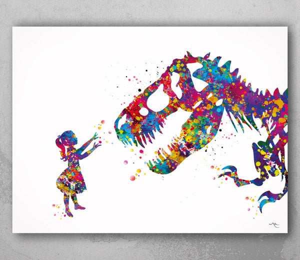 Girl and Dinosaur T-Rex Watercolor Art Print Curious Art Wall Decor Home Decor Teen Girl Room Decor Nursery Decor For Kids Wall Hanging-581