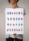 Sign Language Alphabet Watercolor Print American Sign Language Hand Signing Deaf ASL Fingerspelling Poster Manual Alphabet Medical Art-1338