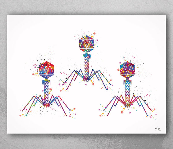 Bacteriophage Watercolor Print Virus Medical Art T-Cell Biotech Wall Art Bioscience Microbiology Bacteria Biology Microscopy Science Art-196