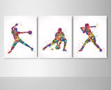 Baseball Player Girl Watercolor Print Set Softball Player Female Woman Pitcher Catcher  Print Set Baseball Poster Gift Sport Wall Art-1052