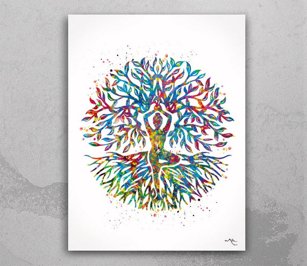 Yoga Tree of Life Watercolor Print Relaxation Wall Art Tree of Life Yoga Print Yogi Wall Decor Yoga Studio Buddha Art Home Decor-2339