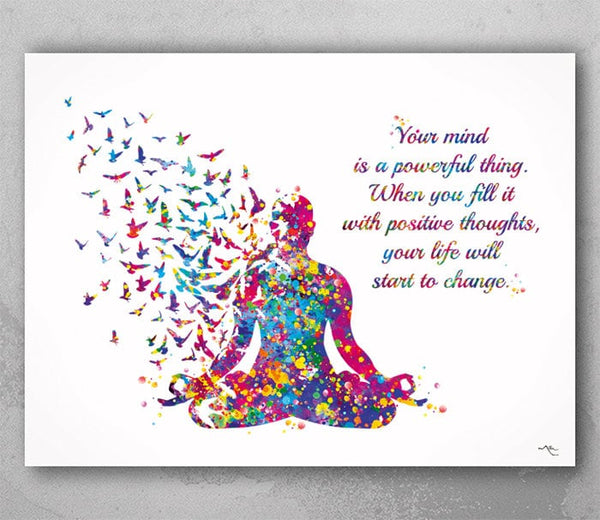Yoga Man with Birds Your Mind Life Quote Watercolor Print Studio Room Office House Nursery Decor Housewarming Motivational Wall Art-1477