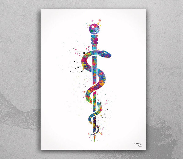 Rod of Asclepius Watercolor Print Wall Art Paramedic Doctor Art Nurse Gift Medical Art Science Office Medicine Art Hospital Clinic Decor-239