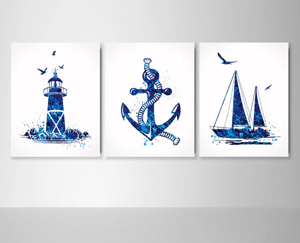 Coastal Decor Navy Blue Watercolor Print Set of 3 Summer Decor Lighthouse Sailboat Anchor Nautical Wall Art Bathroom Decor Wall Hanging-1661
