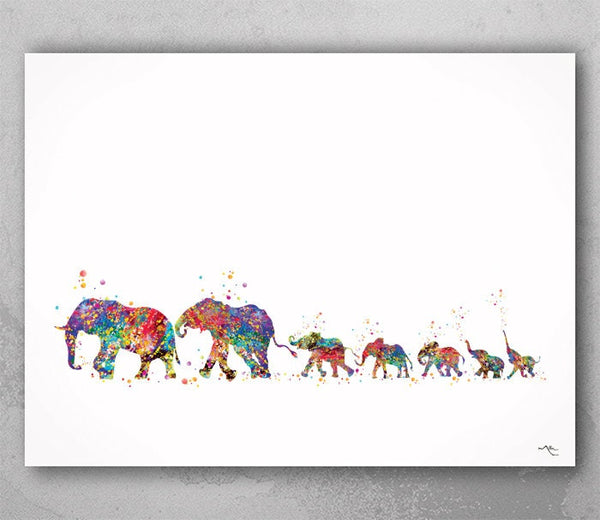 Elephant Family Mom Dad and 5 Babys Art Print Watercolor Painting Wedding Gift Wall Art Parent Gift Wall Decor Home Decor Wall Hanging-1389