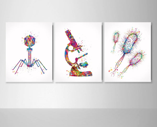 Microbiology Set of 3 Watercolor Print Microbiologist Bacteriophage Virus Microscope Student Student Graduation Laboratory Back to School-78