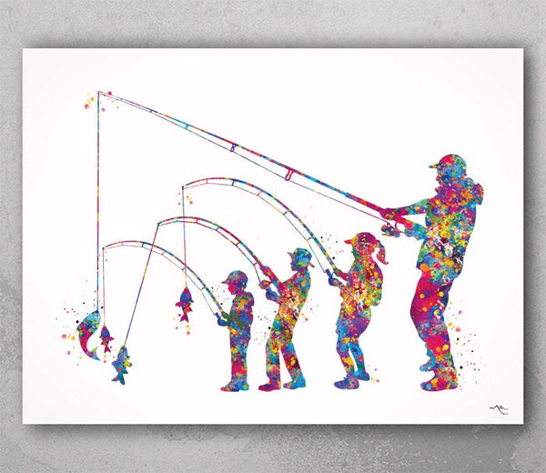 Father Daughter and two Son Fishing Watercolor Print Fishing Kids Father Day Fishing Art Wall Art Dad and Kids Home Decor Nursery Decor-2382