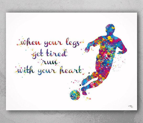 Soccer Player Man Quote Watercolor Print Running Soccer Boy Nursery Motivational Wall Art Wall Decor Run With Your Heart Sport Wall Art-371