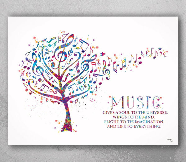 Music Tree Quote Watercolor Print Treble Clef  Music Notes Musician Gift Wall Decor Wall Art Music Gives A Soul Housewarming Music Room-2272