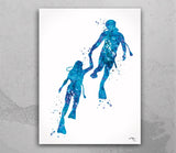 Scuba Diving Couple Watercolor Print Personalised Gift Coastal Wall Art Print Wall Art Diving Wedding Gift Valentine's Gift Wall Hanging-834