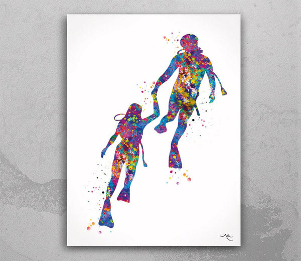 Scuba Diving Couple Watercolor Print Personalised Gift Coastal Wall Art Print Wall Art Diving Wedding Gift Valentine's Gift Wall Hanging-834