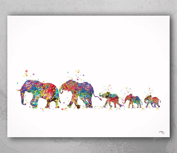 Elephant Family Watercolor Print Mom Dad and Three Babys Print Painting Wedding Gift Wall Art  Wall Decor Art Home Decor Wall Hanging-299