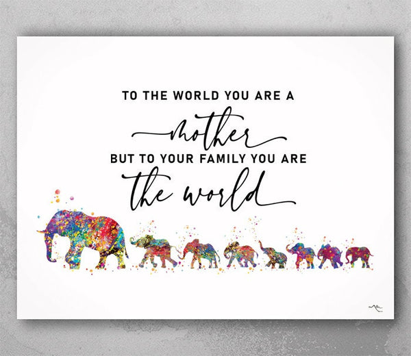 Elephant Family Mom and Seven Kids Watercolor Print Quote Print Wedding Gift Christmas Wall Art Home Decor Wall Decor Housewarming Gift-2400