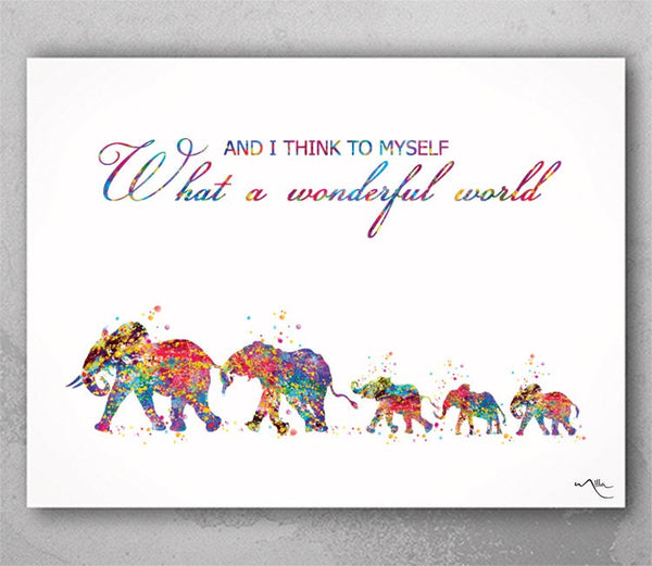 Elephants Family with Three Babies What a wonderful world Quote Watercolor Print Wedding Gift Wall Art Anniversary Wall Art Baby Shower-574