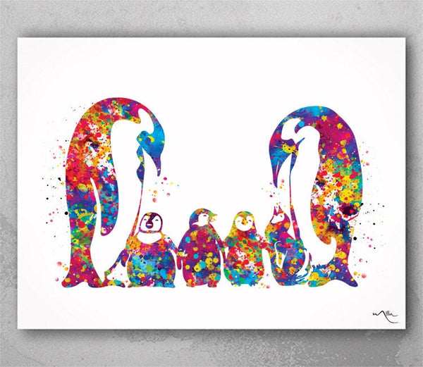 Penguin Family Four Baby Watercolor Art Print Wedding Gift Love Nursery Wall Decor Art Newborn quadruplet Baby Shower Gift  Wall Art-479