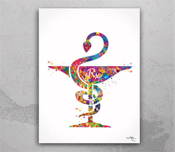 Pharmacist Watercolor Print Pharmacy Wall Art Medical Art Medicine Pharmacist Rx Caduceus Art Bowl of Hygieia Wall Hanging Clinic Decor-992