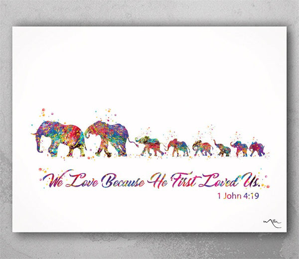 Elephant Family Watercolor Print Mom Dad and Six Babies  Bible Love Quote Art Print Wedding Gift Christian Wall Art Decor Wall Hanging-529