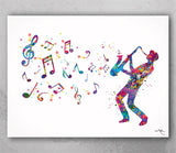 Jazz Man Music Notes Watercolor Print Musician Wall Art Poster Music Studio Saxophonist Saxophone Player Wall Decor  Sax Wall Hanging-1366