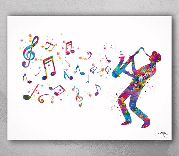 Jazz Man Music Notes Watercolor Print Musician Wall Art Poster Music Studio Saxophonist Saxophone Player Wall Decor  Sax Wall Hanging-1366