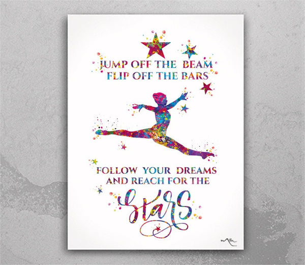 Gymnastics Girl Watercolor Print Reach for the Stars Quote Art Decor Nursery Art Sports Gift Girls Motivational Bedroom Decor Wall Art-2439