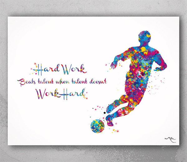 Soccer Player Man Quote Watercolor Print Running Soccer Boy Typo Motivational Wall Art Wall Decor Hard Work Beats Talent Quote Wall Art-120