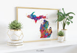 Michigan Map Watercolor Print State Map illustrations Art Print Wall House Gift Poster Housewarming Gift Home Decor Office Wall Hanging-334