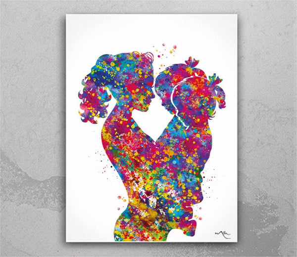 Mother and Two Daughters Watercolor Print Mother with Baby Twin Babys Mom and Childrens Mum and Kids Girl Baby Shower Nursery Decor-1876