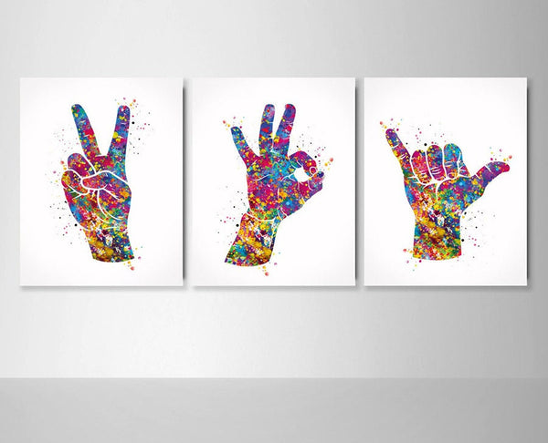 Peace Ok Shaka Hand Sign Gestures Watercolor Print Set Gift Set of 3 Prints Sign Language Fingerspelling Art Office Wall Art Decor-873