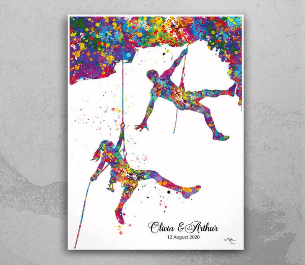 Climber Couple Personalised Watercolor Print Rock Climber Man Woman Mountain Climb Gift Poster Extreme Sport Adventure Outdoor Wall Art-416