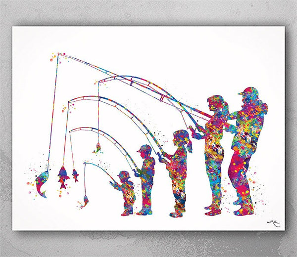 Family Fishing Watercolor Print Mom Dad Son Daughter Kids Poster Housewarming Gift Wall Art Father Mother and Son Gift Nursery Decor-2472