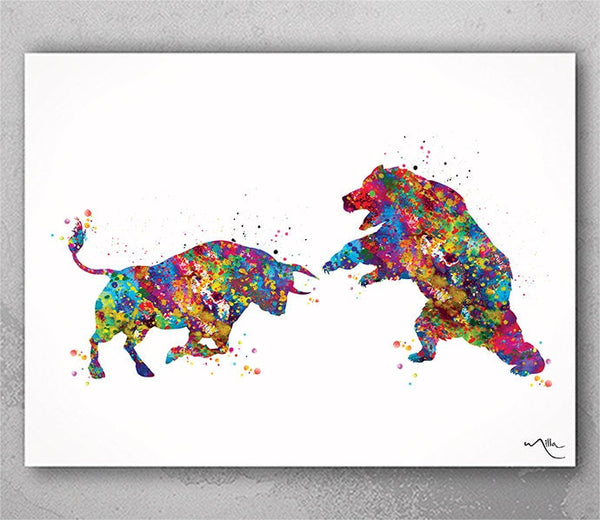 Bull and Bear Watercolor Print Office Decor Wall street Stock Market Exchange Bull vs. Bear Business World Wall Art Investor Trader Gift-356