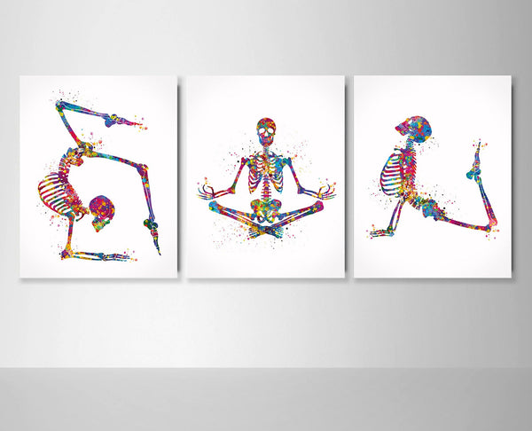 Skeleton Yoga Set Watercolor Print Yogi Yoga Pose Wellness Wall Art Yoga Studio Sport Room Chiropractic Wall Decor Physical Therapy Art-2485