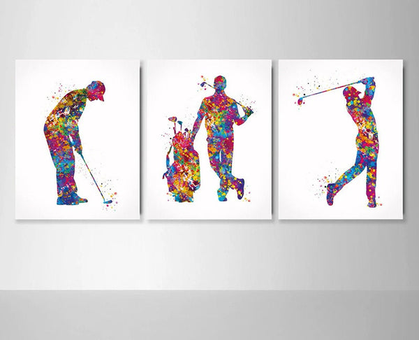 Golf Player Man Watercolor Print Set of 3 Golfers Golf Gift Golfer Golf Sports Painting Golf Poster Man Cave Art Gifts for Him Wall Art-1900