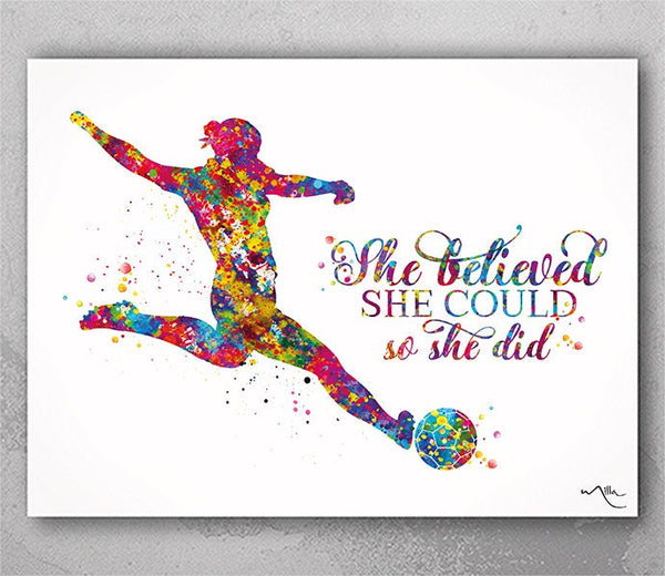 Soccer Girl She believed she could so she did Quote Watercolor Print Female Soccer Gift Wall Decor Girl Soccer Woman Football Player -2108