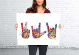 Peace Love Rock Symbol Watercolor Print ASL Sign Language Love Hand Sign Poster Rock Sign Peace Hand Manual Alphabet Teen Room Decor-2342