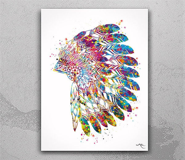 Native American Headdress Indian Art Watercolor Print Housewarming Gift Folk Wall Decor Art Boho Wall Decor Bedroom Decor Wall Hanging-758