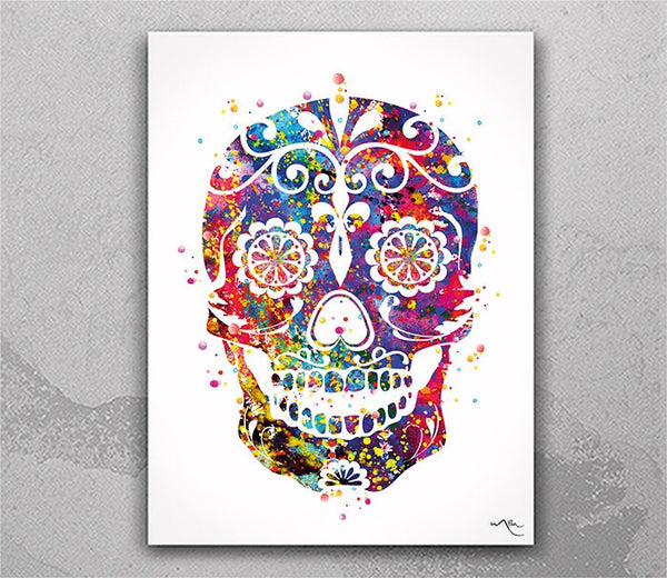 Sugar Skull Watercolor Print Horror Decor Halloween Wall Decor Gothic Black and White Day of the Dead Decor Scary Party Goth Skull Print-266