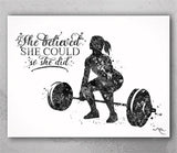 Woman Weight Lifter Quote Watercolor Print Female Weightlifter Bodybuilding Wall Decor Gym Fitness She Believed Motivational Wall Art-2488