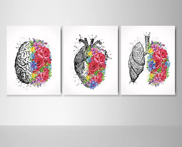 Human Brain Heart Lungs Set of 3 Watercolor Prints Medicine Nurse Office Decor Anatomy Art Science Medical Art Clinic Student Art Gift-2519