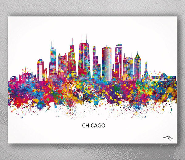 Chicago Skyline Watercolor Print Housewarming Gift Office Decor Wall Wedding Gift Illinois Poster Wall Decor Art Home Decor Wall Hanging-324